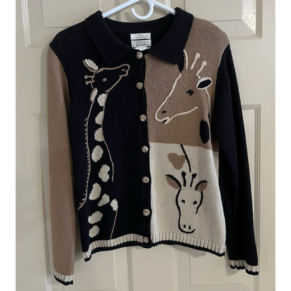 VTG Y2K Embroidered Giraffe Cardigan Sz S Safari Novelty Color Block Black/Tan